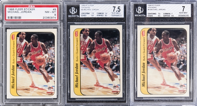 1986/87 Fleer Sticker #8 Michael Jordan Rookie Cards Graded Trio (3)